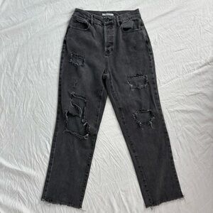Pacsun Dark Grey Distressed High Rise Straight Leg Jeans Size 26.